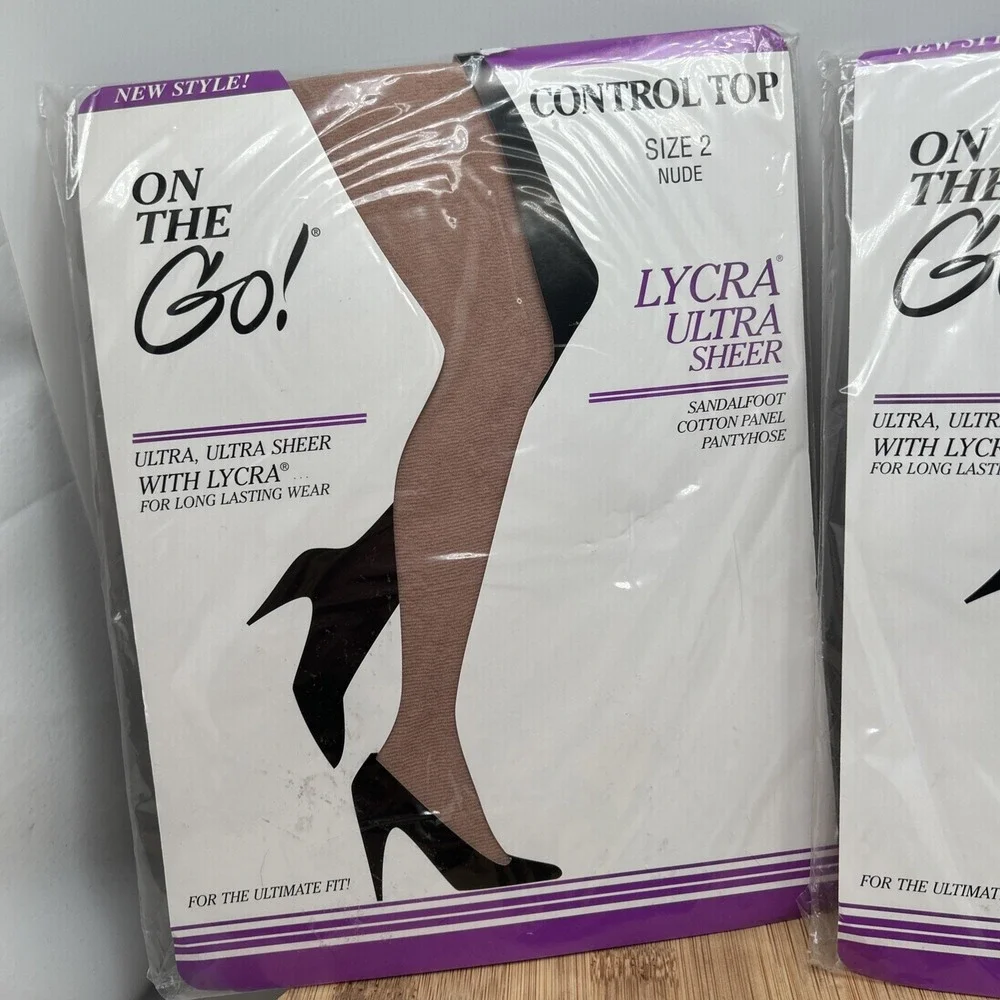2 Pairs On the Go! Lycra Ultra Sheer Control Top Pantyhose Nude‎ Size 2 New